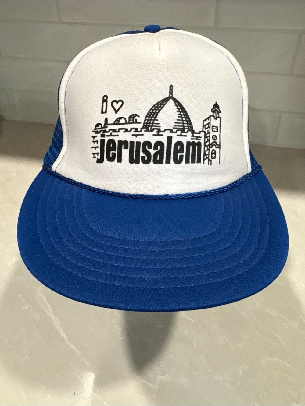 Vintage Jerusalem Trucker Hat Blue White Cityscape